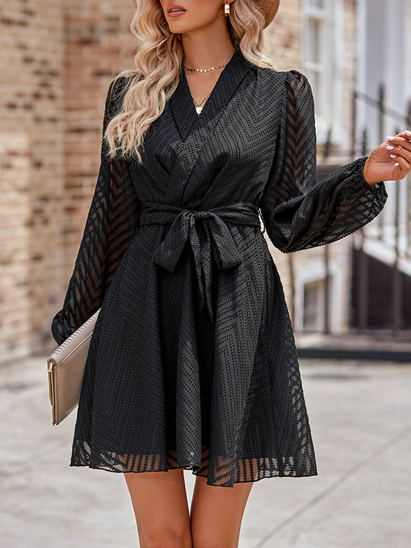 See-Through Solid Color Tied Waist A-Line Long Sleeves V-Neck Mini Dresses