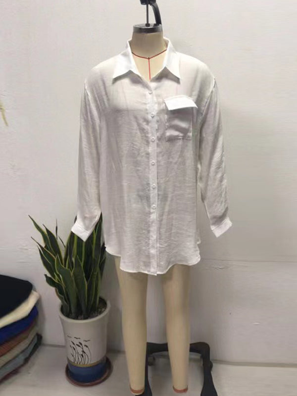 See-Through Solid Color Split-Joint Long Sleeves Loose Lapel Blouses&Shirts Tops