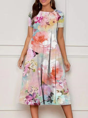 Floral Printed Short Sleeves Round-neck Midi Dresses
