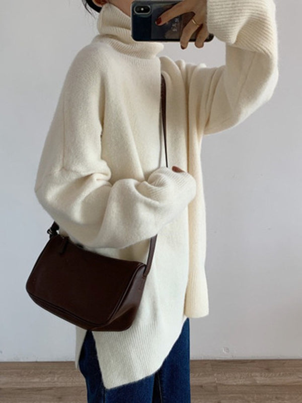 Solid Color Split-Joint Split-Side Long Sleeves Loose High Neck Sweater