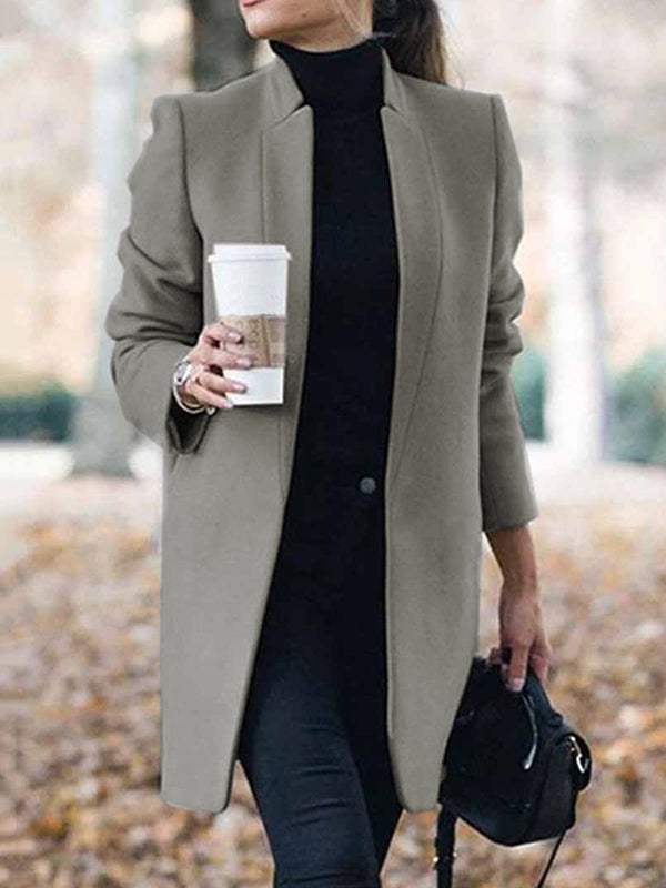 Solid Color Split-Joint Long Sleeves Stand Collar Woolen Coat Outerwear
