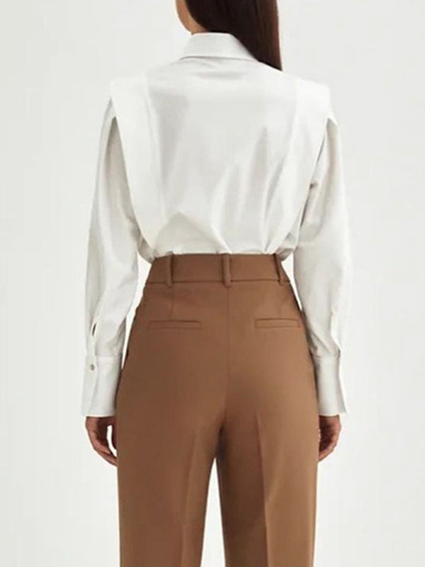 Buttoned Solid Color Long Sleeves Loose Lapel Blouses&Shirts Tops