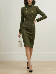 Buttoned Solid Color Split-Joint Zipper High Waisted Long Sleeves Mock Neck Midi Dresses