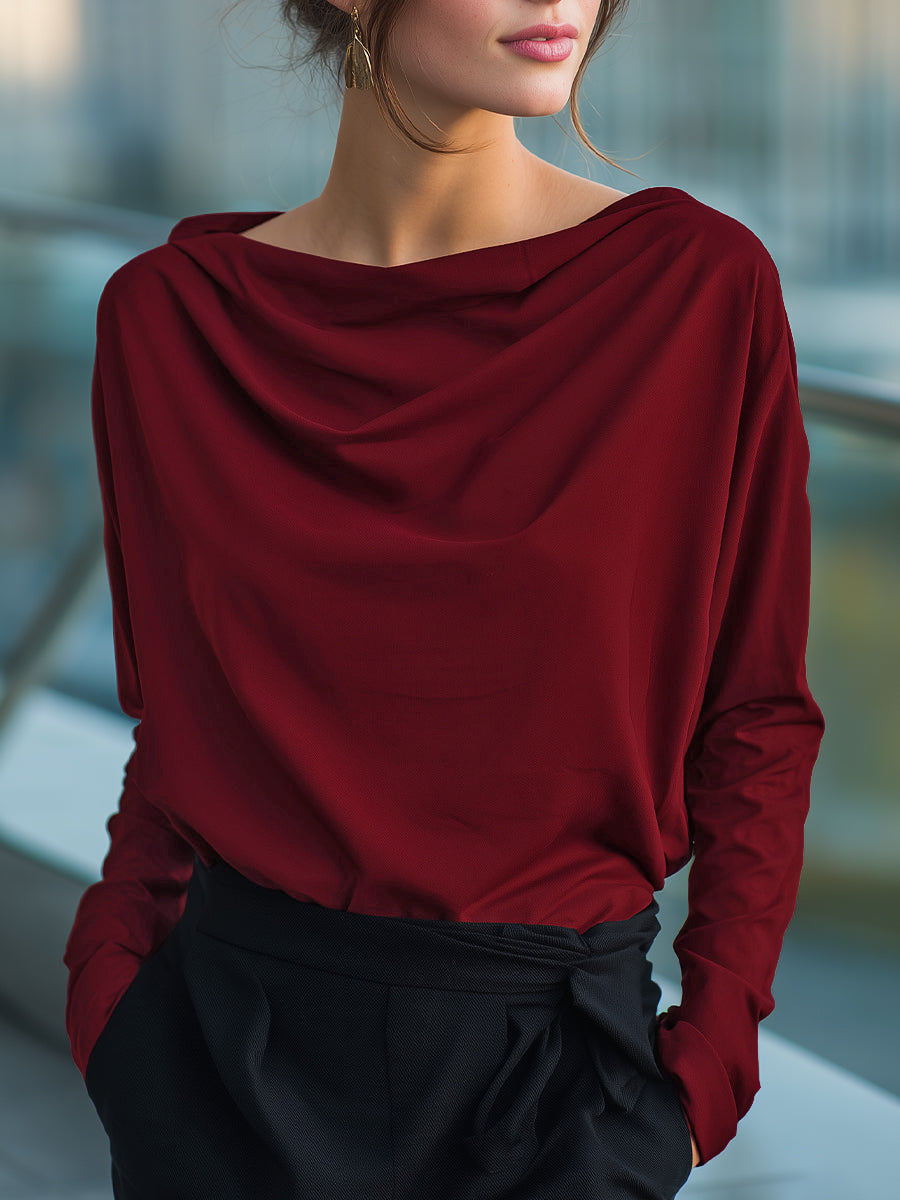 Solid Color Long Sleeves Loose Heaps Collar Blouses&Shirts Tops