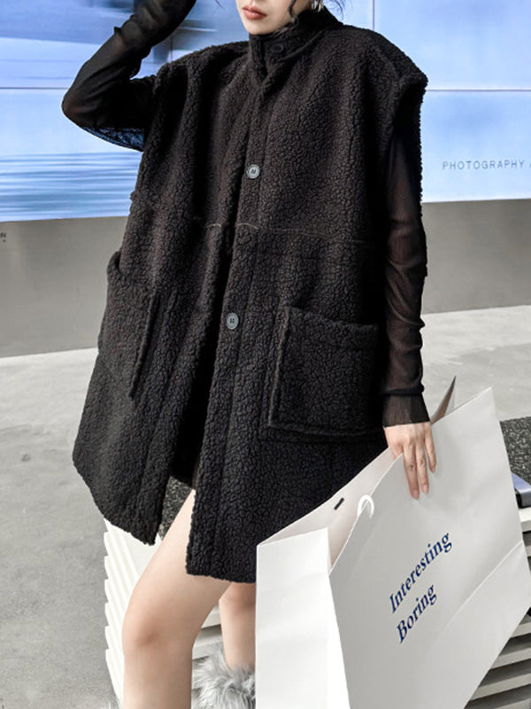 Buttoned Pockets Split-Joint Loose Sleeveless Stand Collar Vest Outerwear
