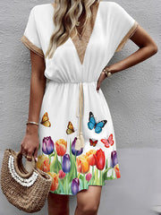 Butterfly Print Elasticity Hollow Split-Joint Tasseled Tied Waist A-line Loose V-neck Mini Dresses