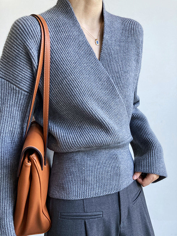 Casual Long Sleeves Loose Solid Color Cross V-Neck Sweater Tops