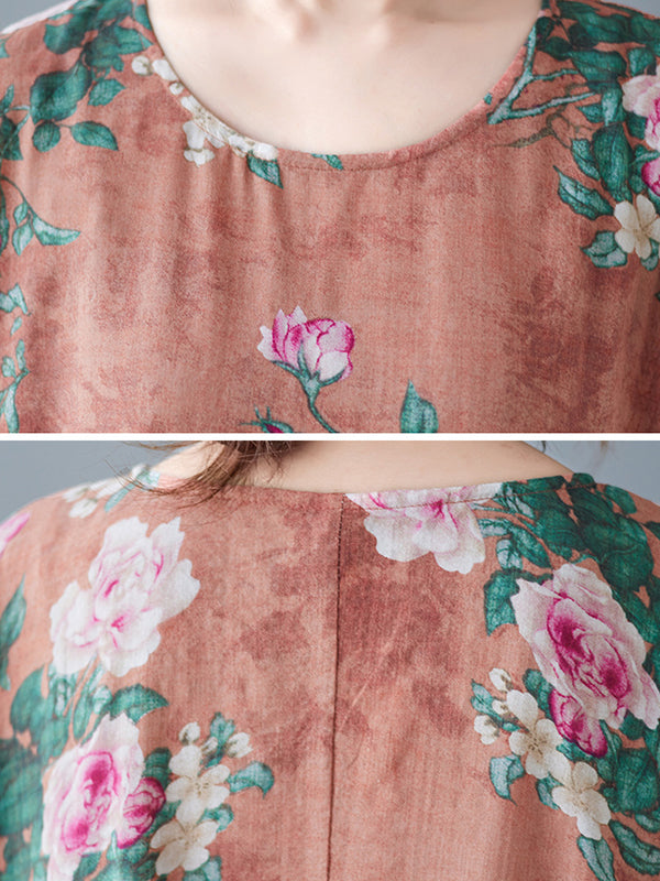 Artistic Retro Loose Original Floral Printed Pleated Midi Dress