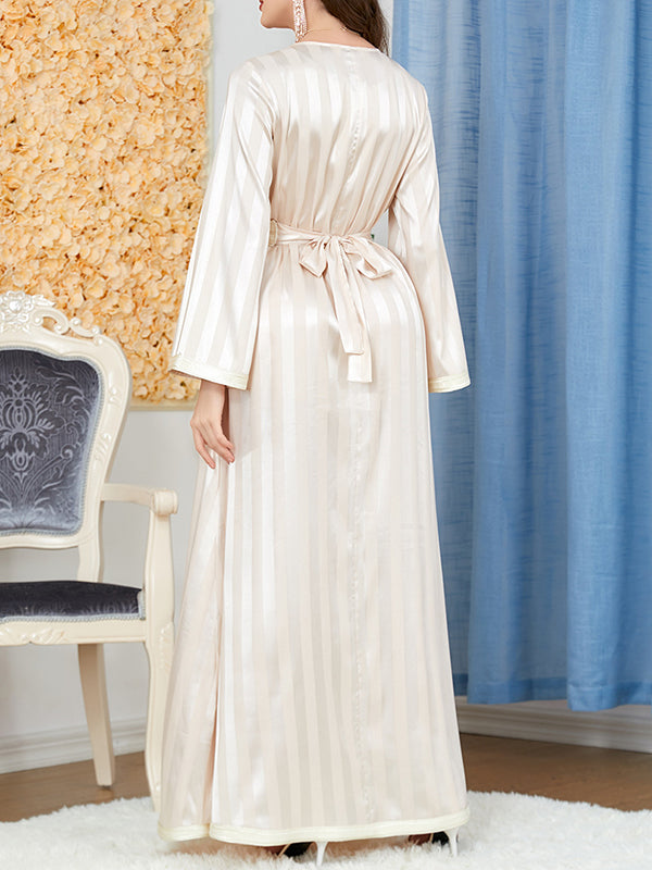 Split-Front Split-Joint Striped Tied Waist A-Line Long Sleeves Maxi Dresses