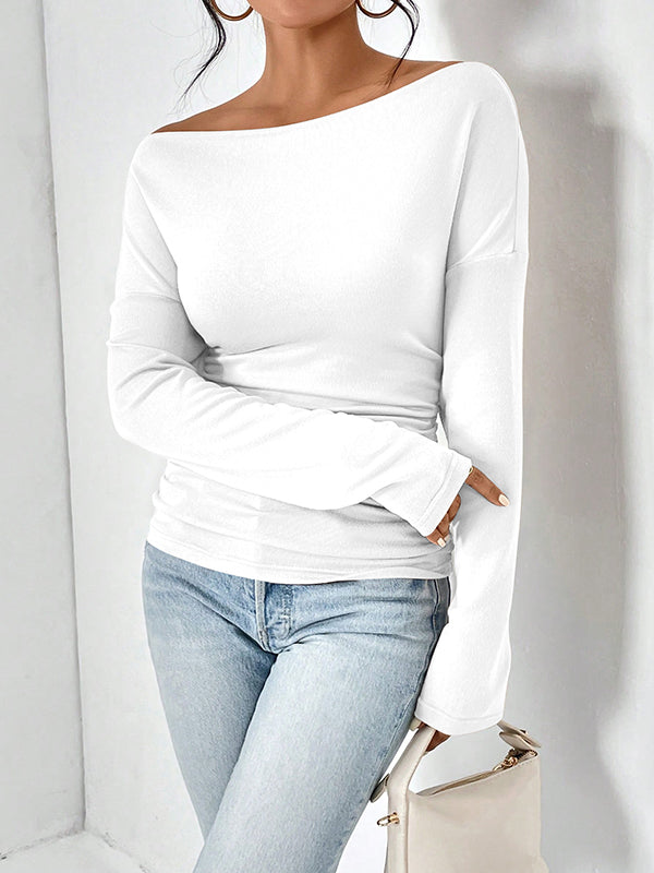 Solid Color Long Sleeves Skinny One-Shoulder T-Shirts Tops