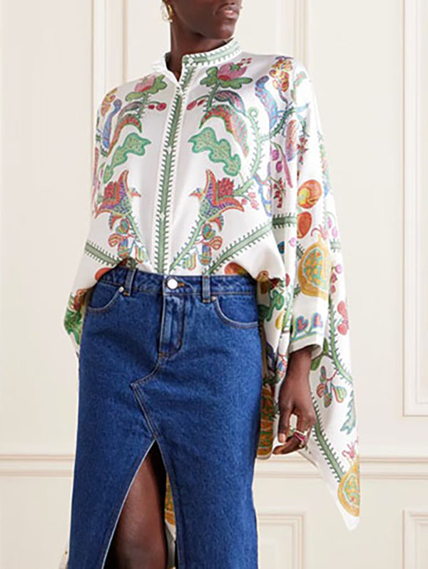 Buttoned Flower Print Batwing Sleeves High-Low Mock Neck Blouses&Shirts Tops