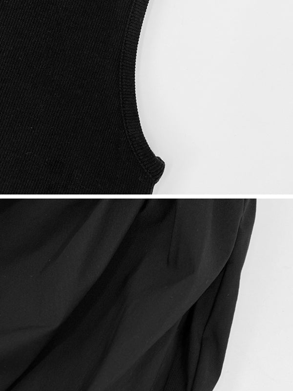 Pleated Pockets Solid Color Split-Joint High Waisted Sleeveless Round-Neck Midi Dresses