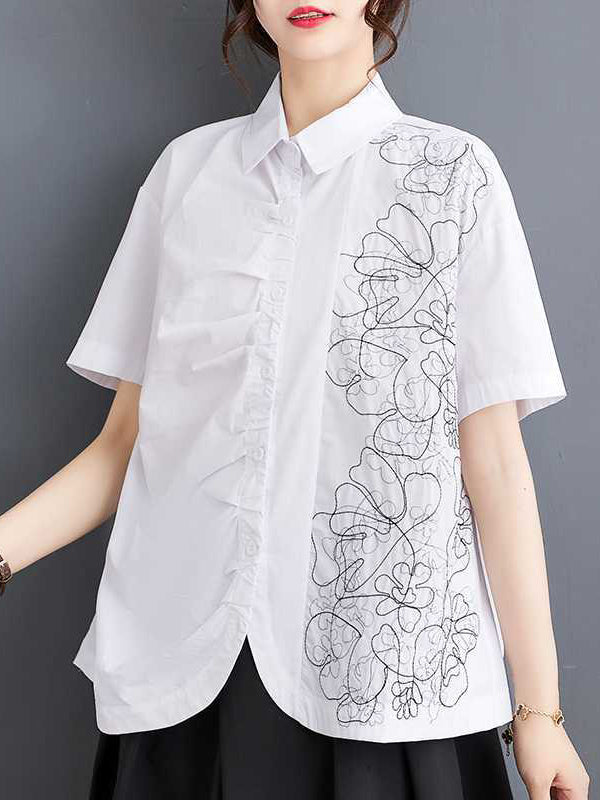 Buttoned Embroidered Pleated Irregularity Loose Lapel Collar Blouses&Shirts Tops
