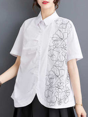 Buttoned Embroidered Pleated Irregularity Loose Lapel Collar Blouses&Shirts Tops