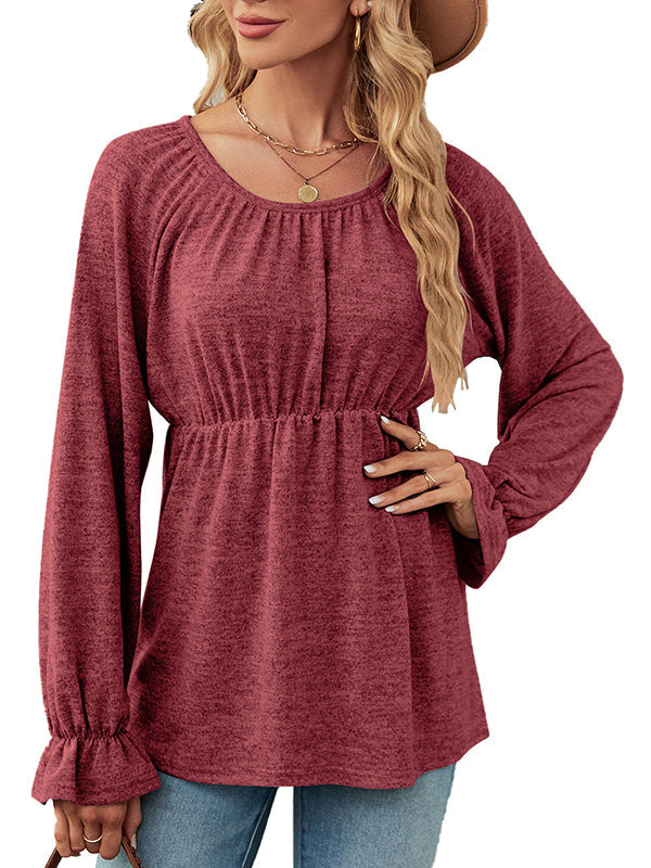 Elasticity Falbala Solid Color Long Sleeves Loose Round-Neck T-Shirts