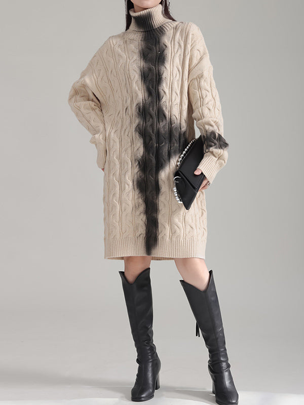 Contrast Color Long Sleeves Loose High Neck Sweater Dresses Mini Dresses