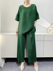 Elastics Pleated Solid Color Short Sleeves Wide Leg Round-neck Two Pieces Set