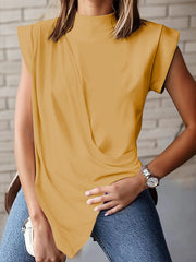 Asymmetric Pleated Solid Color Split-Joint Loose Sleeveless Mock Neck T-Shirts Tops