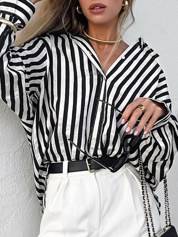 Split-Joint Striped Long Sleeves Loose Lapel Blouses