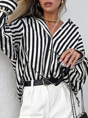 Split-Joint Striped Long Sleeves Loose Lapel Blouses