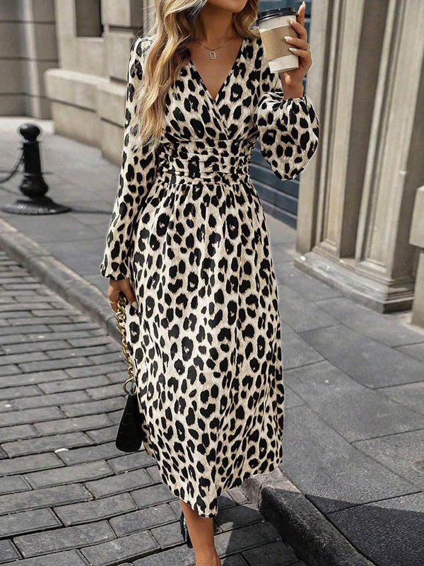 Contrast Color Leopard Pleated Split-Joint Elasticated Waist High Waisted V-Neck Maxi Dresses