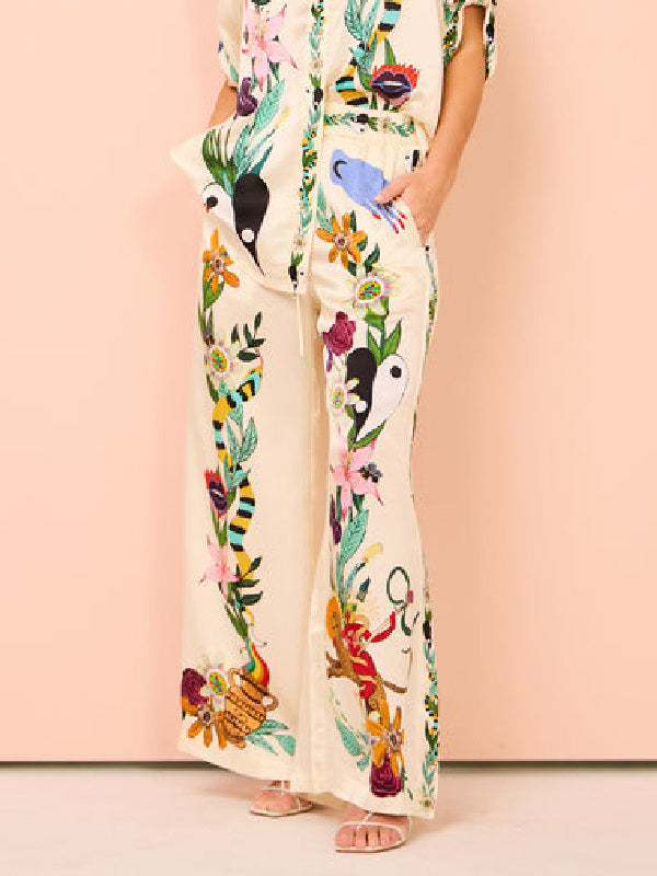Loose Buttoned Half Sleeves Flower Print Pockets Lapel T-shirt Top + Drawstring Elasticity Pants Bottom Two Pieces Set