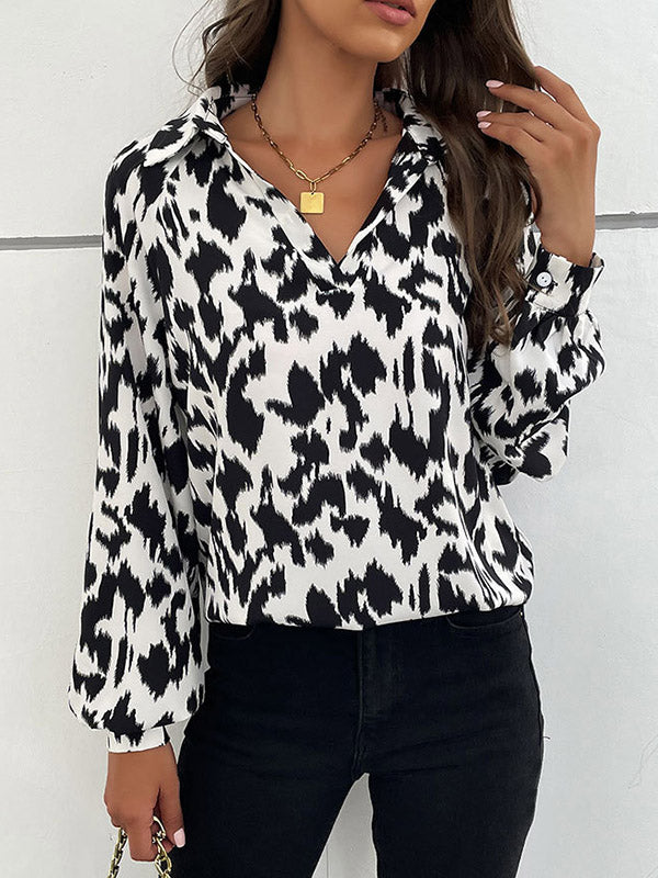 Buttoned Leopard Long Sleeves Loose Lapel Blouses&Shirts Tops