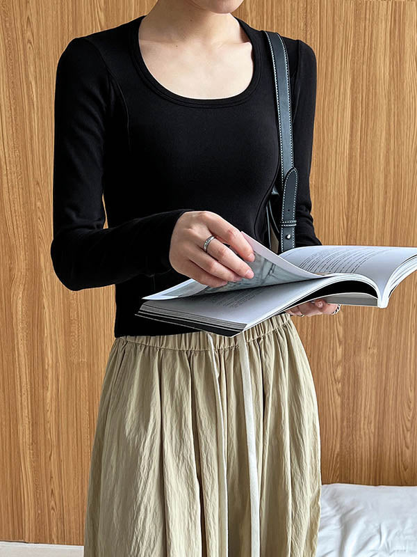 Solid Color Split-Joint Long Sleeves Skinny Round-Neck T-Shirts