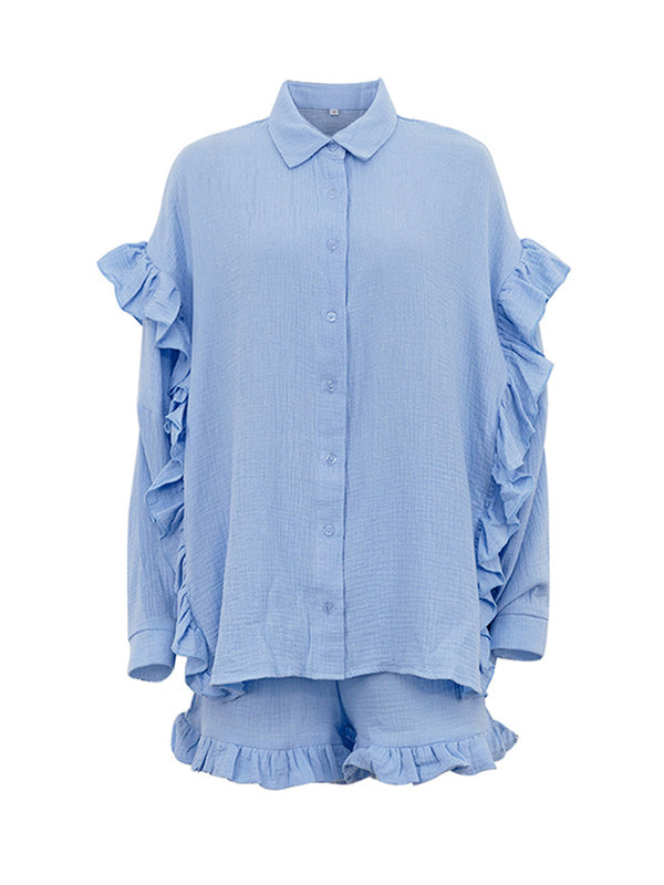 Split-Joint Lapel Long Sleeves Loose Buttoned Ruffle Trim Solid Color Blouses Tops + Elasticity Shorts Bottom Two Pieces Set