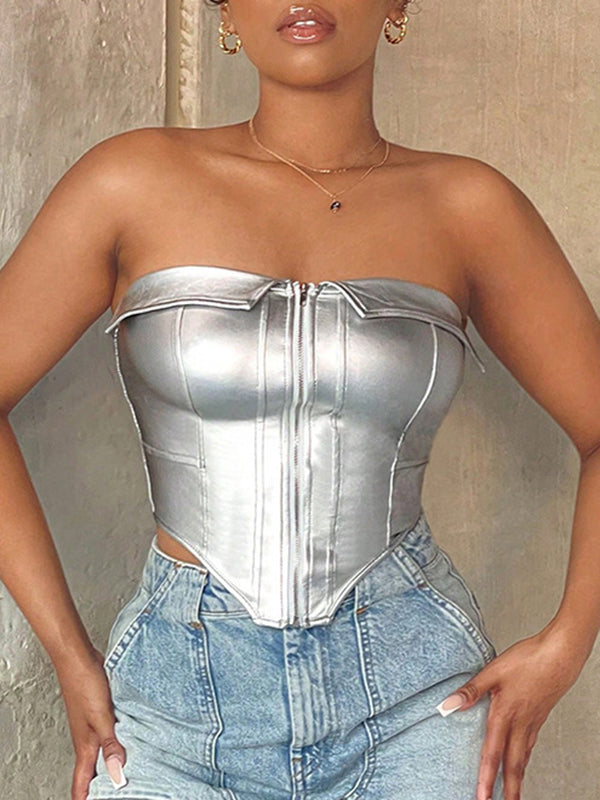 Solid Color Split-Joint Zipper Skinny Sleeveless Tube Vest Top