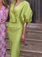 Buttoned Elasticity Solid Color Split-Joint Half Sleeves Loose V-Neck Blouses&Shirts Tops