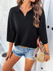 Solid Color Split-Joint Loose Three-Quarter Sleeves Lapel T-Shirts