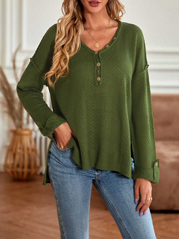 Buttoned Split-Side Long Sleeves Loose V-Neck Sweater Tops Pullovers