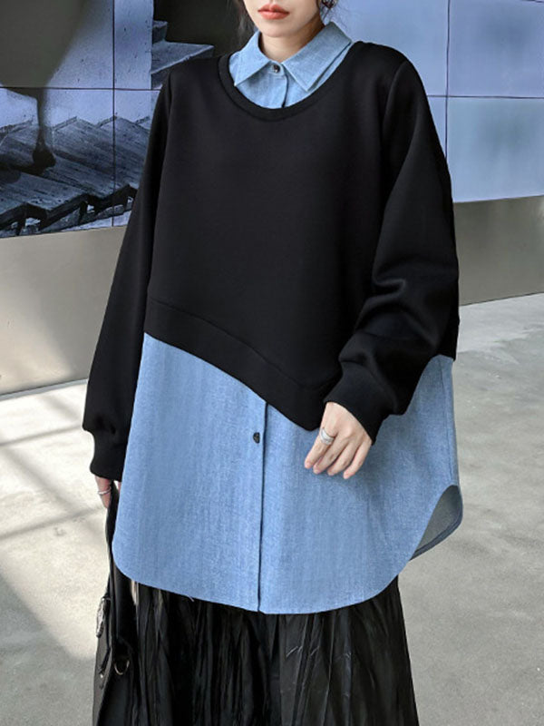 Asymmetric Buttoned Contrast Color Split-Joint False Two Long Sleeves Lapel Sweatshirt Tops