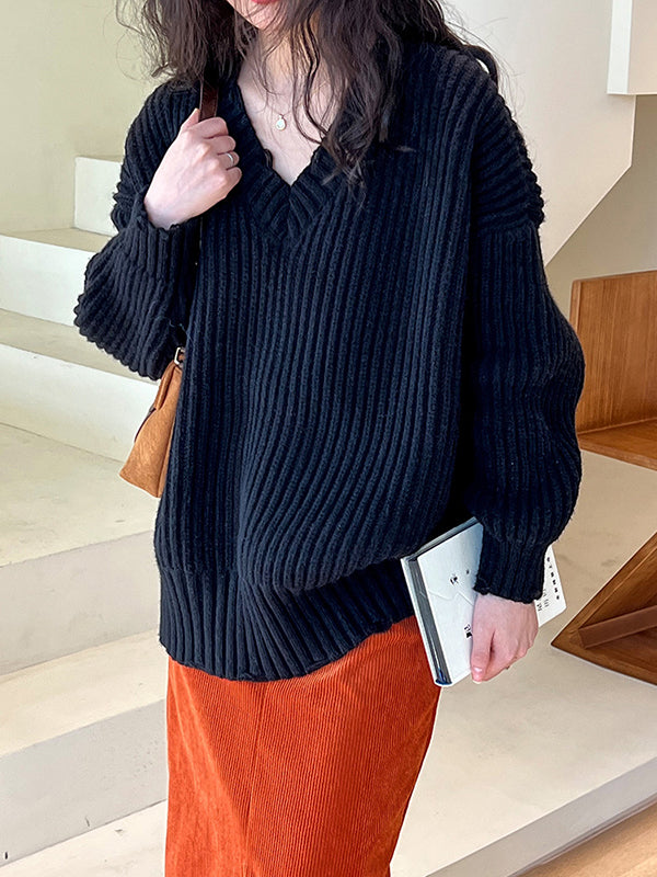 Hollow Solid Color Long Sleeves Loose V-Neck Sweater Tops Pullovers
