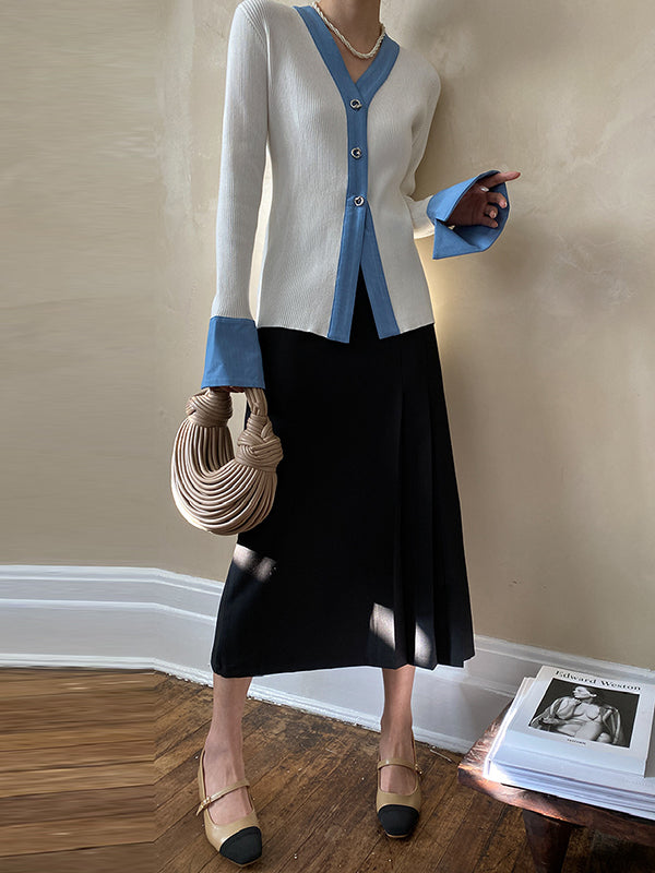 Original Long Sleeves Skinny Buttoned Contrast Color V-Neck Cardigan Tops