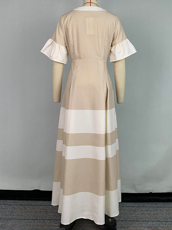 Contrast Color Pleated A-Line Flared Sleeves V-Neck Maxi Dresses