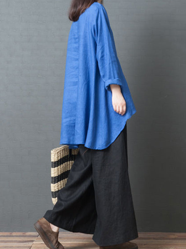 Linen Solid Color Round-Neck Puff Sleeve Blouse Tops