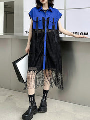 Sleeveless See-Through Split-Joint Tasseled Lapel Lace Midi Dresses