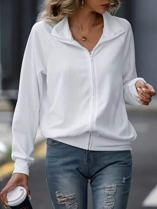 Solid Color Zipper Long Sleeves Loose Lapel Outerwear