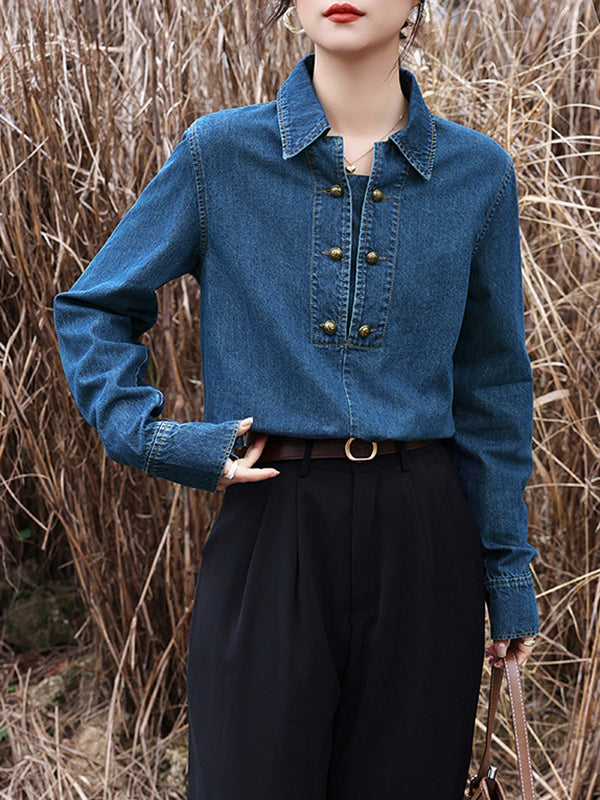 Buttoned Split-Joint Long Sleeves Loose Lapel Blouses&Shirts Tops