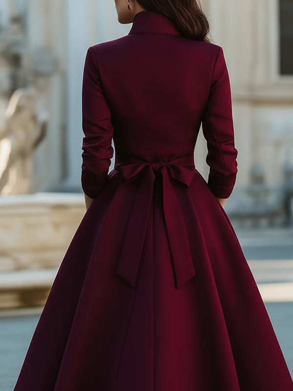 Buttoned Pockets Solid Color Split-Joint A-Line High Waisted Stand Collar Midi Dresses