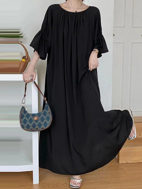 Solid Color Half Sleeves Loose Round-Neck Midi Dresses