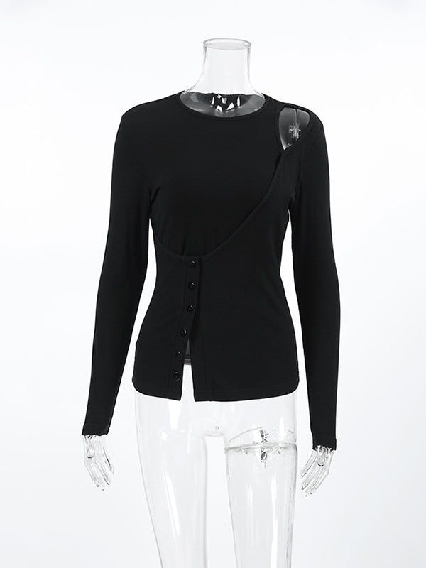 Asymmetric Buttoned Hollow Solid Color Split-Joint False Two Long Sleeves Round-Neck T-Shirts Tops