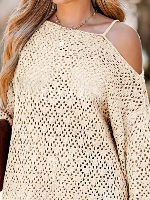 Hollow Solid Color Long Sleeves Loose Asymmetric Collar Sweater Tops Pullovers