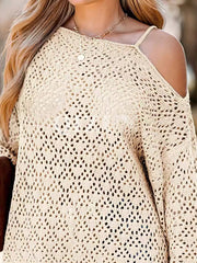 Hollow Solid Color Long Sleeves Loose Asymmetric Collar Sweater Tops Pullovers