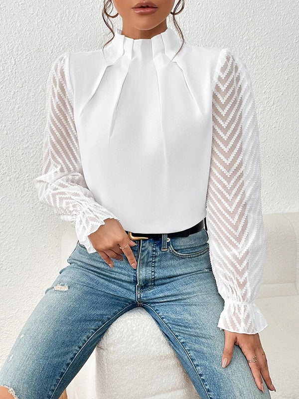 Elasticity Mesh Pleated Solid Color Long Sleeves Loose Mock Neck Blouses&Shirts Tops
