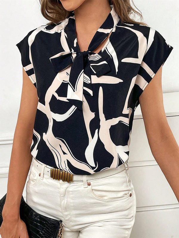 Printed Tied Batwing Sleeves Loose V-Neck Blouses&Shirts Tops