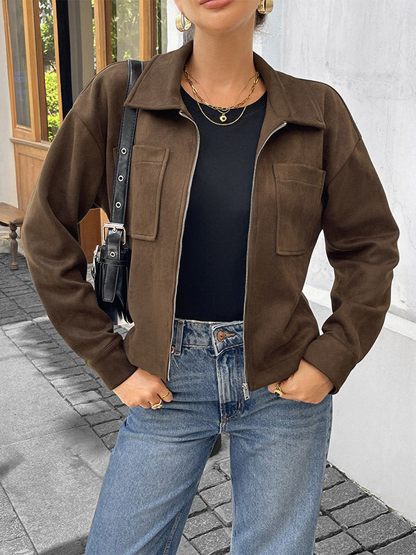 Pockets Solid Color Zipper Long Sleeves Loose Lapel Outerwear Jackets