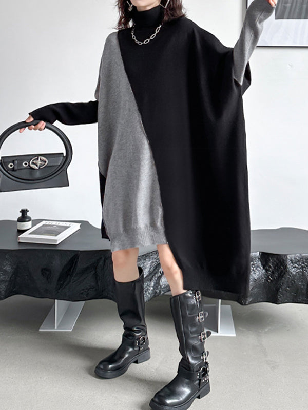 Asymmetric Contrast Color Split-Joint Batwing Sleeves Long Sleeves High Neck Sweater Dresses Midi Dresses